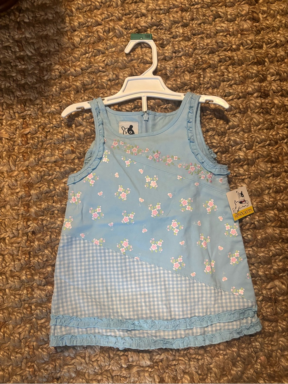 Blue Floral Gingham Sleeveless Dress Top for Kids